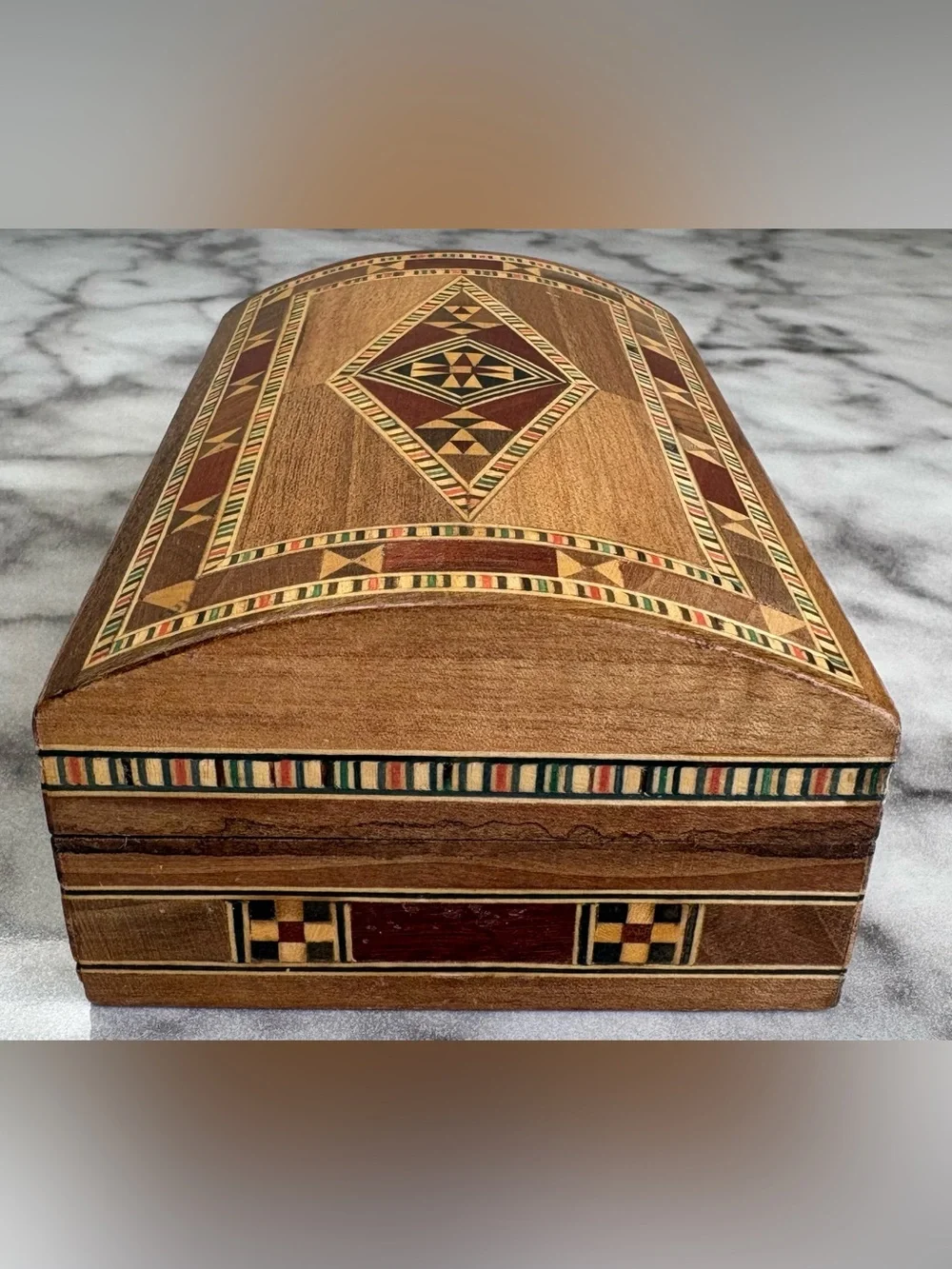 Vintage Geometric Mosaic Inlaid Wood Jewelry Box Red Velvet